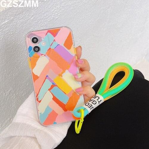 Coque for Iphone 12 Pro Case Color Pattern Cases for Iphone Xr 7 8 Plus 11 12 Pro Max Mini X Xs Max Cover with New Strap Fundas