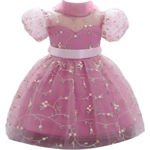 Boiiwant 2-7Y Children Floral Embroidery Princess Dress Up Short Puff Sleeve O-neck High Waist A-line Tulle Dress Party Dress