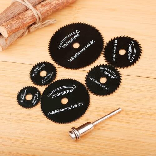 6Pcs HSS Circular Saw Disc Cutting Blade Cut Off Wheel Kit with 1Pc Mandrel Drills Grinder Rotary Tool for Wood Plastic Aluminum