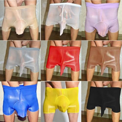Men Shiny Glossy Pantyhose Skinny Boxer Shorts Trunks Sheath Pants See Through Underwear Sissy Lingerie