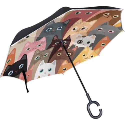 Double Layer Inverted Cartoon Cats Umbrella Cars Reverse Windproof Rain Umbrellas for Car Outdoor With C Shaped Handle