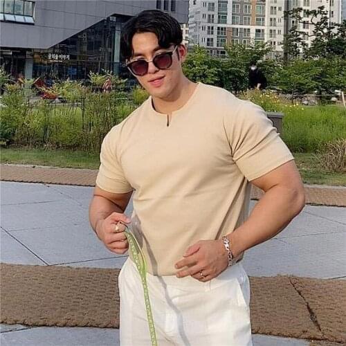 2021 Men T-shirt Casual V-neck Cotton Short Sleeve T Shirt Youthful vigor Shirts Fashion Streetwear Male Campus student Tee Tops