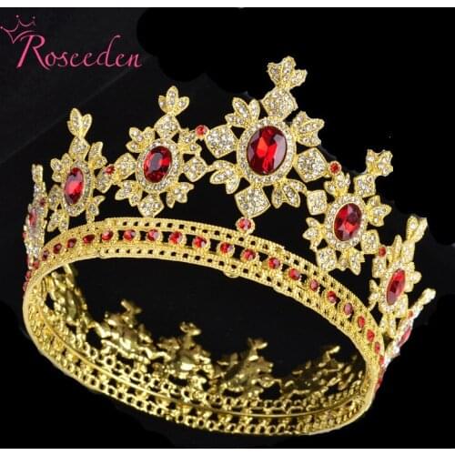 Royal Round Crown Red Blue Green Clear Rhinestones Gold Queen Crowns Wedding Bridal Black Tiaras Hair Jewelry 4 Colors RE3246
