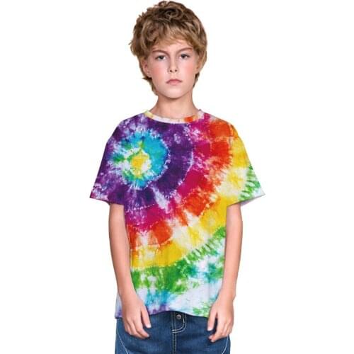 Boys and Girls O-neck Short Sleeve 3D Digital Print Circles Patchwork Dyeing Summer T-shirts Big Boys Summer T-shirts