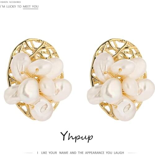 Yhpup Trendy Elegant Natural Pearls Stud Earrings Copper Handmade Luxury Brincos Jewelry oorbellen for Women Wedding Party Gift
