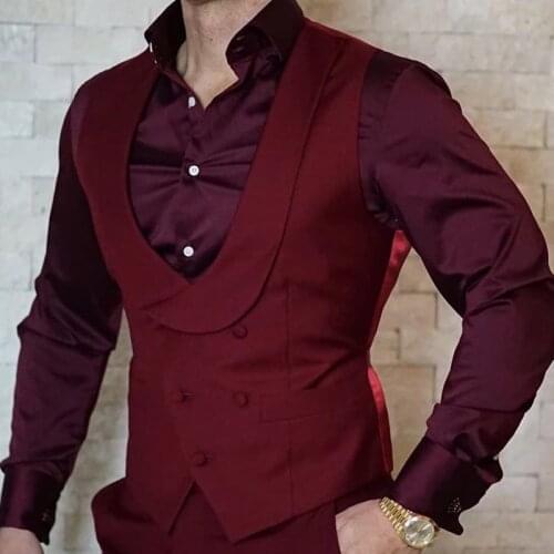 Mens Vest Burgundy Shawl Lapel Double-Breasted One Piece For Casual Waistcoat Wedding Groomsmen Tuxedo Male Fashion Vests