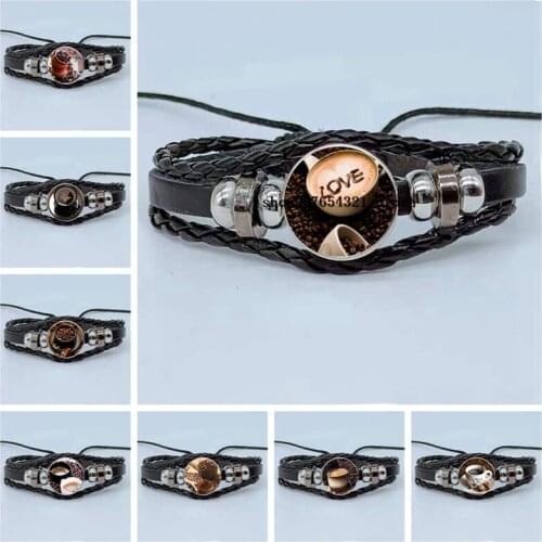 New Fashion Coffee Hot Chocolate Art Jewelry Bracelet Glass Cabochon DIY Woven Jewelry Leather Bracelet Jewelry