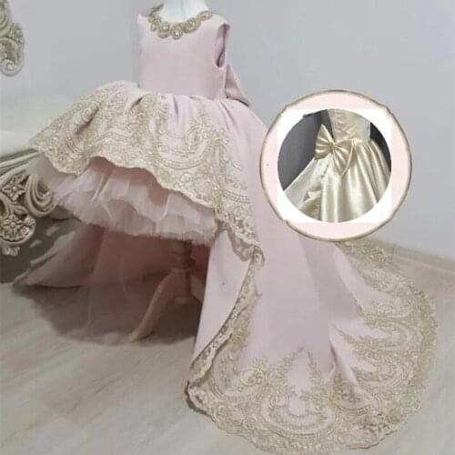 Formal Kids Ball Gown Light Pink Formal Hi-Lo Wedding Flower Girl Dress Girl with Gold Applique Lace Princess Brithday Gown