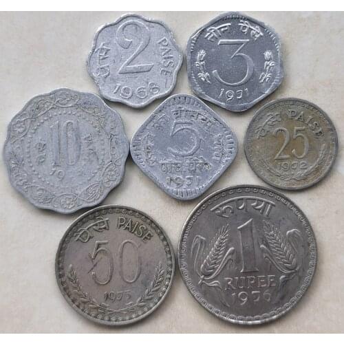 India 1968-1976 2-3-5-10-25-50 Paisa-1 rupees Full Set 7 Pieces Genuine Coins Real Original Coin