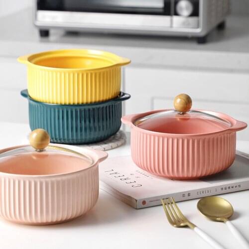 Ceramic tableware binaural soup bowl with lid large household salad bowl student dormitory instant noodle bowl single soup bowl