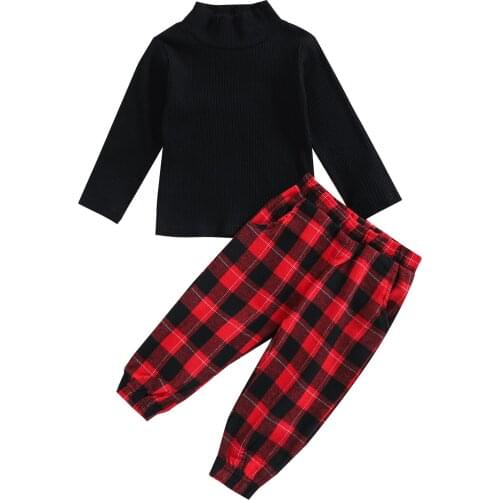 2 Pcs Toddler Casual Outfits, Girls Ribbed Long Sleeve High Collar Knit Pullover + Plaid Pants with Pockets 18M-6T