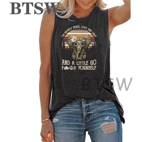 Casual Loose Women Sleeveless T-Shirt Funny Cool Print Summer Vest I'm Mostly Peace Love Elephant Cosy Tank Tops Womens Tunic