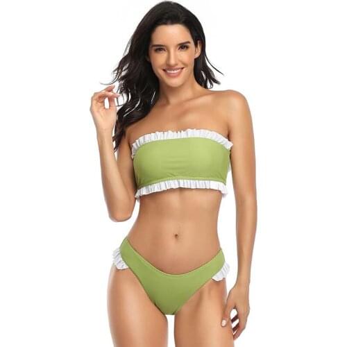 Ruffled Strapless Two Pieces Swimsuit Women Summer Sexy Tube Top Split Thong Skinny Beach Holiday Feminine Bikini
