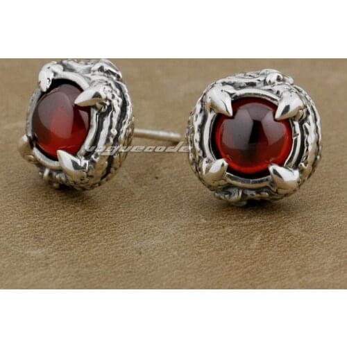 925 Sterling Silver Round Claw Red CZ Stone Biker Stud Earring 8R023