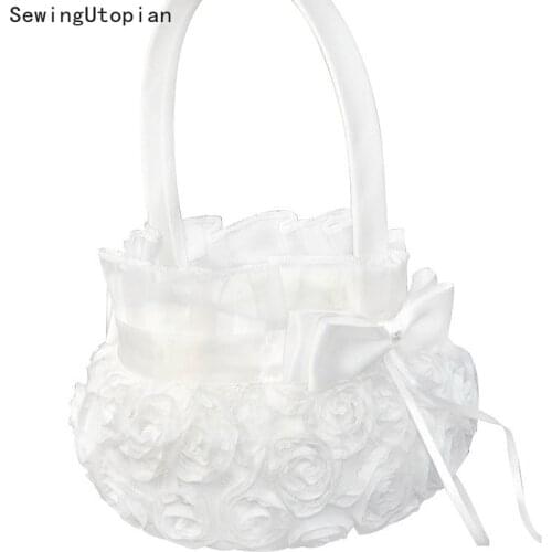 Wedding Flower Girl Basket Flower Basket Romantic White Satin Bowknot Flower Girl Basket Wedding Ceremony Party Wedding Supplies