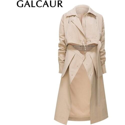 GALCAUR Pure Color Trench Coat For Female Adjustable Lapel Collar Long Sleeve High Waist Cross Hem Womens Casua Coat Fashion