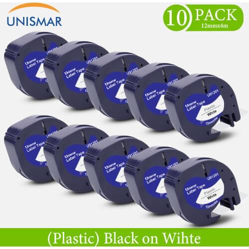 Unismar 10PK 91201 for Dymo LetraTag Labeling Tape Black on White Plastic Sticker for Dymo LT-100H LT-100T QX50 XR Label Maker