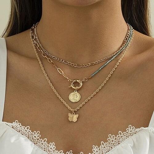 Vintage Ethnic Round Figure Coin Butterfly Pendant Necklaces Women Multilayer Thick Chains Geometric Necklace Colar Jewelry