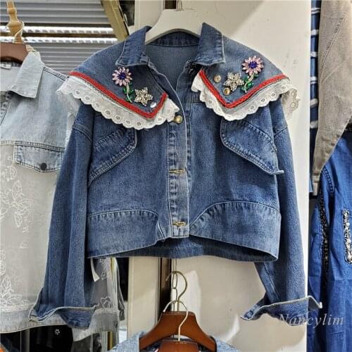 Denim Jacket Woman 2021 Autumn New Loose All-Matching Short Coat Can Detachable Flower Rhinestone Diamond Collar Casaco Feminino
