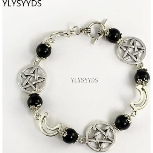 Gothic Halloween Black Onyx Pentacle Charm Bracelet Gothic Punk Goth Pagan Wiccan Jewelry Fashion Statement Rock Women Gift Punk