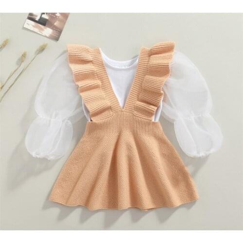 Little Girl’s Autumn Two Pieces Suit Fashion Solid Color Long Sleeve Tops and Knitted Suspender Skirt for 1-7 Years