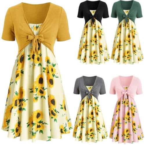 Women Sunflower Print Mini Dress Knotted Short Sleeve Tunic Tops A Line Sling Dress Two Piece Dress Casual Party Beach Dress