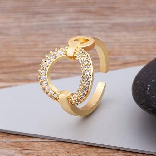 Hot Sale Copper Zircon Europe Trendy Crystal Heart Open Ring Women Wedding Luxury CZ Wholesale Adjustable Jewelry Accessories