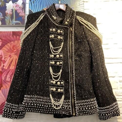 Brand new Design womens beading tweed coat 2020 spring autumn high quality pearls tassels jackets stand collar coat B308