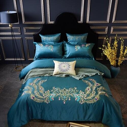 New 4pc Blue Chinese Wedding Embroidery Luxury Egyptian Cotton Bedding set 4Pcs Queen King size Duvet cover Bed sheet set Gifts