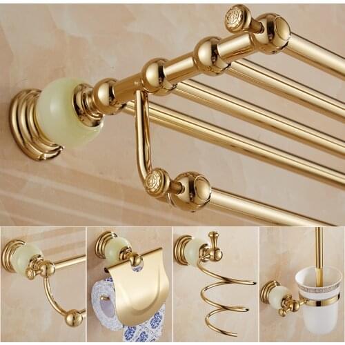 AUSWIND Classical Jade Bath Hardware Hanger Set Package Gold Copper Towel Rack Bar Paper Holder Brush Bathroom Accessories Td10