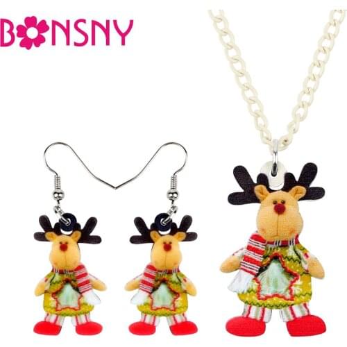 Bonsny Acrylic Christmas Sweet Elk Deer Antler Jewelry Set Necklace Earrings Festival Decorations Jewelry Girls Charms Gift 2019