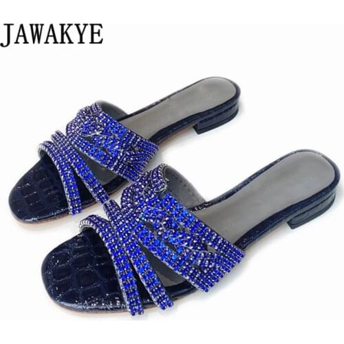 Brand Navy Blue Diamond Sides Women Open Toe Hollow Outs Rhinestone Slippers Blingbling Crystal Beach Leather Mules Sandals