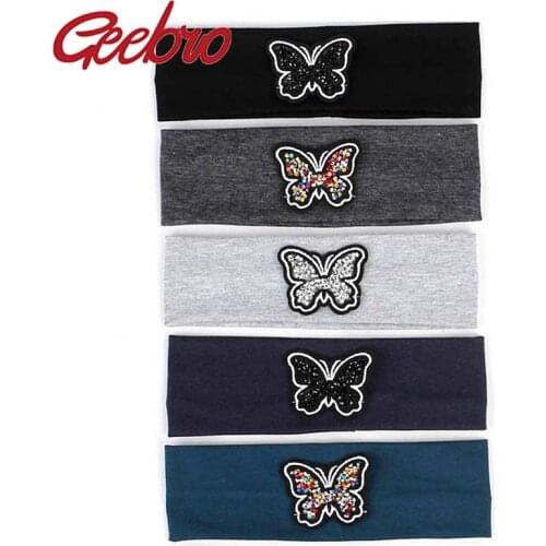 Geebro Cute Girls Children Headbands For Baby Butterfly Rhinestones Kids Hair Accessories Cotton Solid Flat Head Hairbands DT731