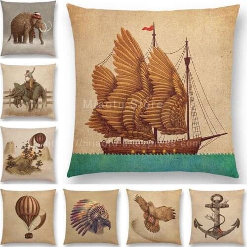 Hot sale vintage Cushion Cover gramophone adventure By Airship hot air balloon sailing Home Decor Throw Pillowcase