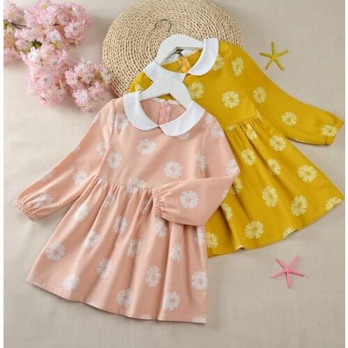 2020 Autumn Girls Dress Kids Princess Dress Floral Printed Peter pan Collar Party vestidos Cotton Girls Clothes DT269