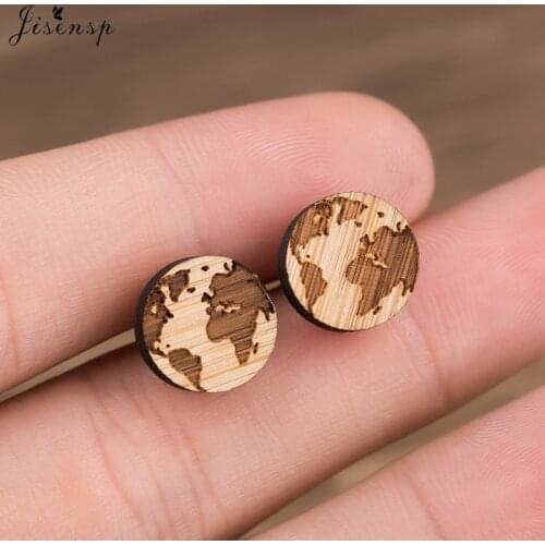 Jisensp Vintage World Map Wooden Earrings Trendy Earth Stud Earrings Fashion Jewelry for Women Party Gift boucle d'oreille femme