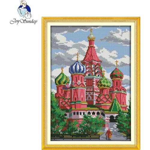 Joy Sunday Red Castle Landscape Patterns Handcrafts Needlework DIY Cross Stitch Embroidery Kit Set Scenic Cross-Stitch Painting