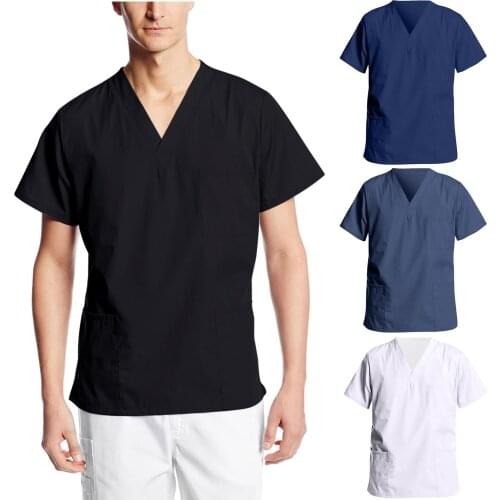 Summer Sexy Medical Uniforms 2021 Men Short Sleeve V-neck Tops Nursing Working Uniform T-shirts With Pockets uniform medyczny