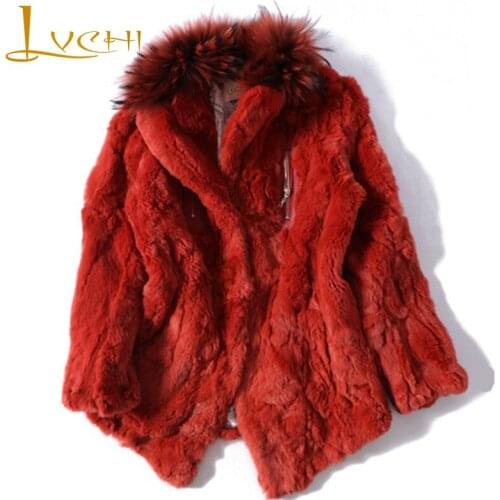 LVCHI 2019 New Product Super Soft Rex Rabbit Fur Coats With Raccoon Dog Fur Collar Womens Winter Warm Furs shuba Outerwear