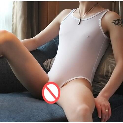 Male gauze teddies sexy lingerie one piece full transparent bodysuit men briefs male wrestling singlet body mesh for men