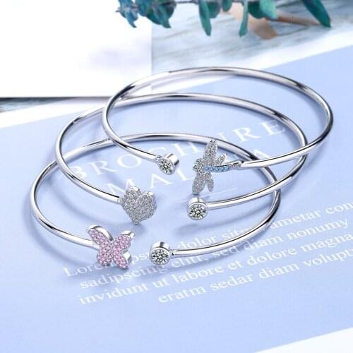 Newest Fresh Shiny Micro Crystal Paved Cuff Bracelets For Women Cute Simple Style Dragonfly Butterfly Heart Bracelet Accessory