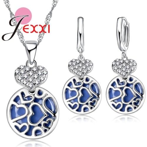 New Arrival Round Blue Ball Pendant Necklace Earrings Woman Fashion Romantic Heart Rhinestone Jewelry Set
