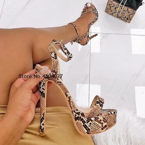 New Design Snakeskin Platform Sandals Stiletto Heels Buckle Strap Dress Shoes Concise Wedding Pumps