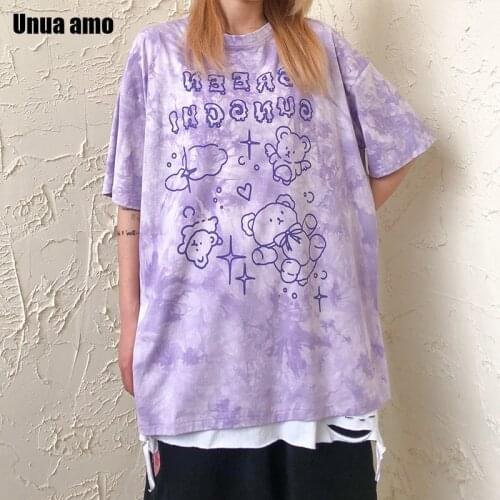 Unua amo Funny Cute Bear Print Tshirt Women Street Style Fashion Tie Dyed Short Sleeve O-neck Oversized Harajuku Female Tee Tops