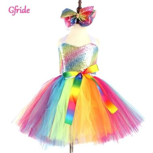 Summer Princess Girls Sequined Rainbow Costumes Mesh Dress With Headband Tutu Childrens Show Dress Sleeveless Clothing 2-10 Yr