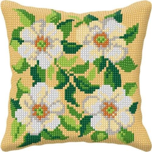 DIY Cross Stitch Cushion Front White Flowers Needlepoint Kits Printed Canvas Chunky Yarn Cross-stitch Pillow Case Arts & Crafts