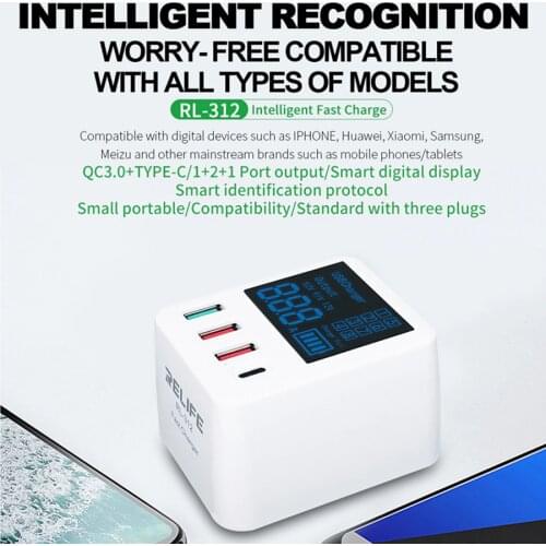 RELIFE RL-312 Portable Intelligent mini QC3.0 Charger Cargador Output digital display Tool Parts AU EU UK Conversion Plug