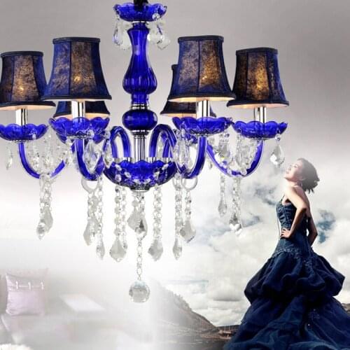 Luxury Blue Crystal 6-head Chandelier for Hotel Restaurant Cafe Lobby Pendant Light Living Room Bedroom Decor Hanging Lamps