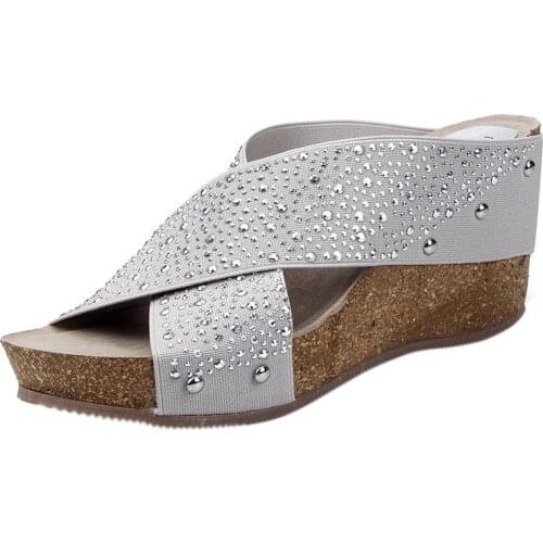 Womens Slip-On Wedged Platform 8cm Heeled Sandal Round Open Toe Rubber Outsole Casual Gladiator Crystal Shoes for Summer
