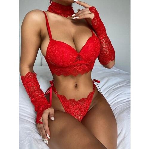 Sexy Lingerie Women Lingerie-sexy Set Lace Bralette Temptation Push Up Gather Bra Panties Underwear with Eye Cover and Gloves